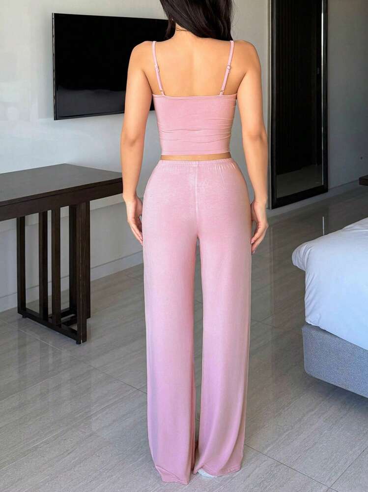 DAZY Conjunto de Pijama Feminino com Camiseta Justa de Renda Recortada e Calça Longa em Cor Sólida - Rosa chiclete - Visão 2
