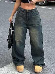 Jeans boyfriend a vita alta dritti e morbidi con effetto vintage per donne