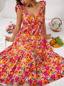 SHEIN VCAY Women's Vacation Casual Short Ditsy Floral Mid-Length Dress,Elegant - Orange - View 4