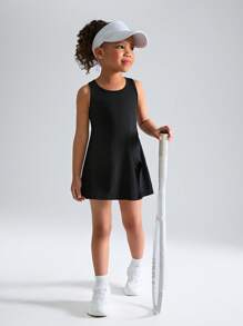 Rochie de sport elastică pentru fete tinere, fără mâneci, cu gâtul turn, cu pantaloni scurți de siguranță anti-sclipire, fustă confortabilă cu design despicat, potrivită pentru tenis, badminton, dans, alergare, sporturi în aer liber, vară