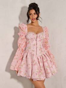 SHEIN BAE Váy công chúa bồng bềnh cổ vuông họa tiết hoa nhỏ xinh xắn dành cho nữ, thích hợp cho những buổi hẹn hò lãng mạn, đi chơi buổi tối, tiệc tùng, sinh nhật - Hồng - Xem 3