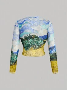 SHEIN MOD Áo thun lưới mỏng in tranh sơn dầu cổ điển cỡ lớn - Nhiều màu - Xem 2