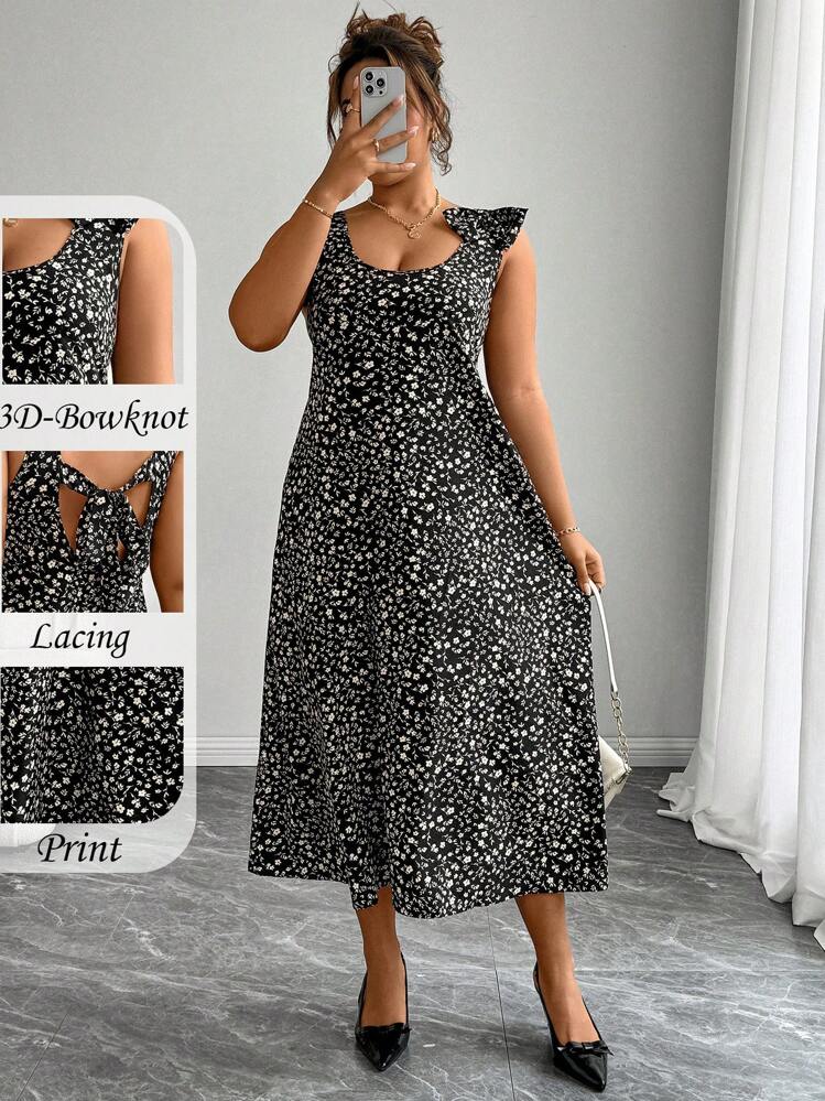 SHEIN Clasi Váy yếm nơ hoa phong cách Pháp cổ điển cỡ lớn, Xuân/Hè - màu đen - Xem 4