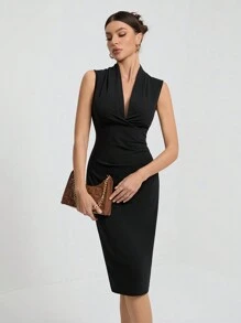 SHEIN Tall Women's Solid Color Pleated Fitted Elegant Sleeveless Dress,Business Casual Woman - Black - View 4