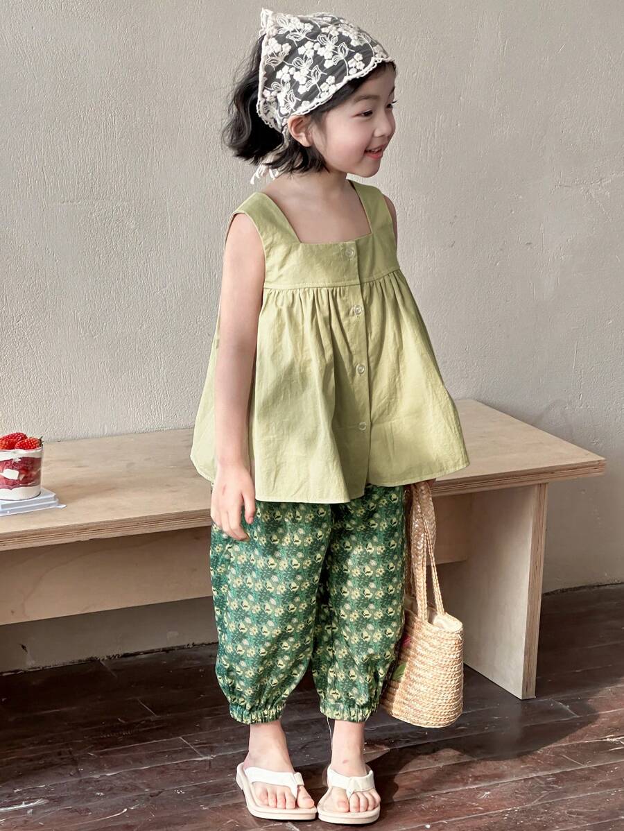 Dazy Kids 2pcs/Set Casual Everyday Wear Set For Young Girls, Minimalist & Fashionable Vacation - Green - View 1