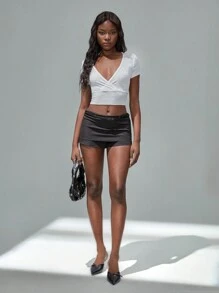 TRNVIE V-Neck Casual Cropped Ribbed T-Shirt, Versatile - White - View 3