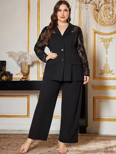 Modelyn Plus Size Women 2pcs Set Casual Blazer Jacket With Contrast Lace & Straight High Waist Pants Suit Graduation,Back To School,Teacher Outfits For Women