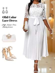 Fleurora Vestido informal de talla grande para vacaciones con unicolor, empalmado con encaje, cintura imperio, bajo plisado para verano, ropa y vestidos de mujer para otoño - Blanco - Ver 2