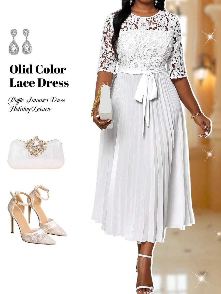 Fleurora Vestido informal de talla grande para vacaciones con unicolor, empalmado con encaje, cintura imperio, bajo plisado para verano, ropa y vestidos de mujer para otoño