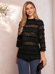 SHEIN Clasi Women's Fashionable Lace Blouse With Small Stand Collar & Short Sleeves - Black - View 1