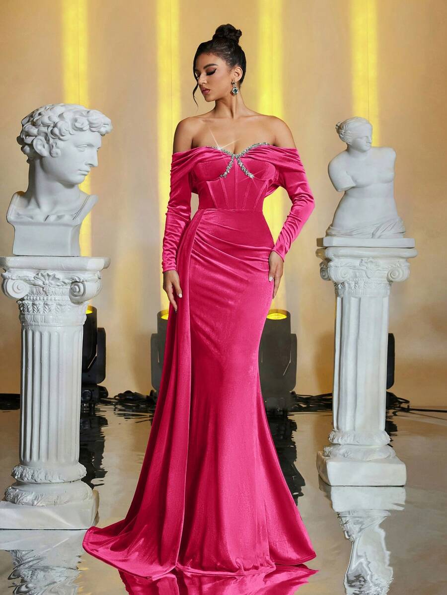 Glamrae 优雅奢华露肩袖口褶皱设计弹力天鹅绒针织面料奢华缀饰侧褶鱼尾裙，婚礼宾客礼服，适合婚礼、联欢会、派对和特殊活动等正式场合，派对礼服，晚礼服 - 玫紅色 - 查看 1