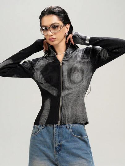 LYSMO 2025年秋冬新款罗纹针织拉链开衫，复古街头风，修身版型