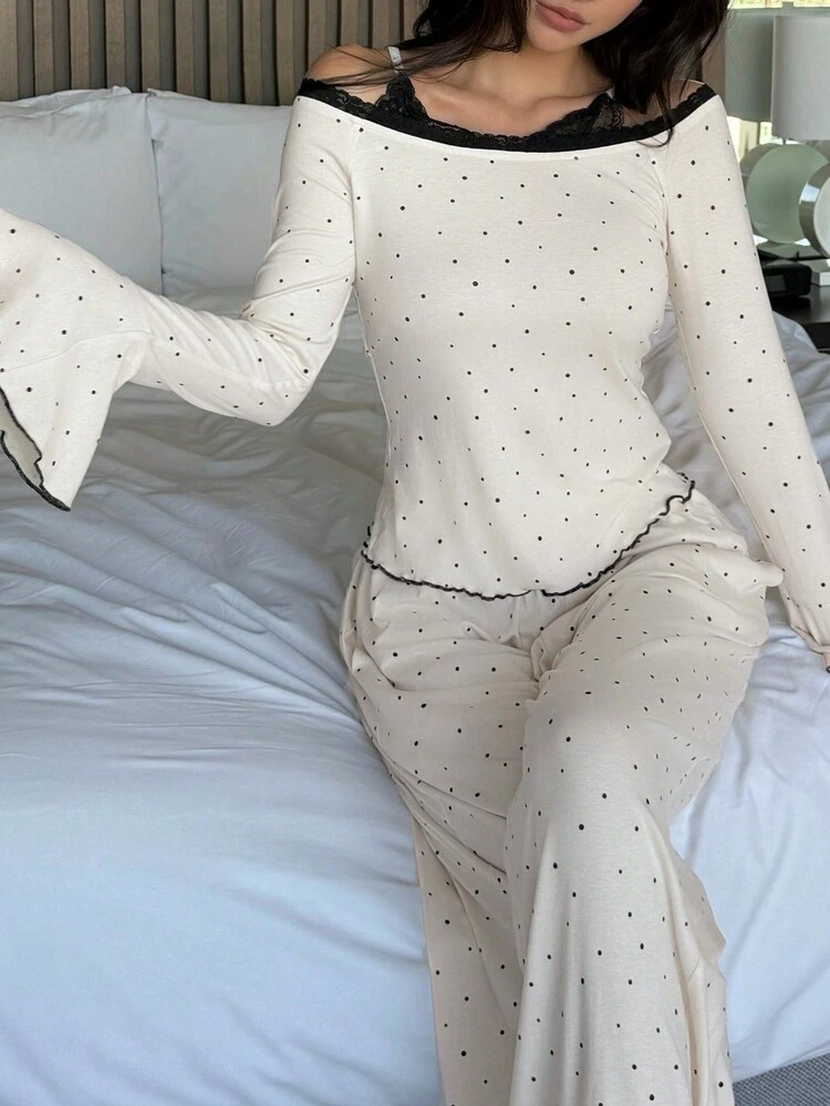 Women Off Shoulder Polka Dot Crop Top With Flared Sleeves & Straight Leg Pants, Pajama Set