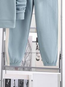 SHEIN Tween 男童两件套服装：连帽运动衫和慢跑裤，拼布设计，高品质，适合通勤、上学、休闲、运动、秋冬季，保暖内衬，加厚 - 淺藍色 - 查看 5