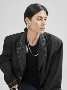 Ontre Áo khoác denim thường ngày cho nữ, thời trang tối giản để mặc hàng ngày - Màu xanh lam - Xem 8