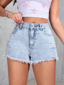 SHEIN PETITE Women's Casual Denim Shorts With Pockets And Fringed Hem - Light Wash - View 7