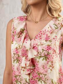 SHEIN Clasi Camicetta da donna con rifiniture arricciate e motivo floreale ditsy, per vacanze romantiche in stile boho, adatta per pasqua, stile boho, concerti, estate boho, festival rave, San Patrizio, San Patrizio, Ibiza, estate, primavera, estate, spiaggia, concerti country, vacanze casual, festival rave, blusa floreale