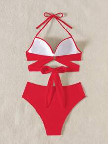 Swim SXY Bộ đồ bơi bikini buộc dây chéo màu trơn đi biển mùa hè cho nữ, không dây - Đỏ - Xem 7