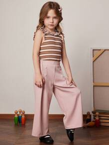 PrepCrw Young Girls' Pink Woven Wide Leg Elastic Waist Pants, Spring/Summer - Pink - View 3