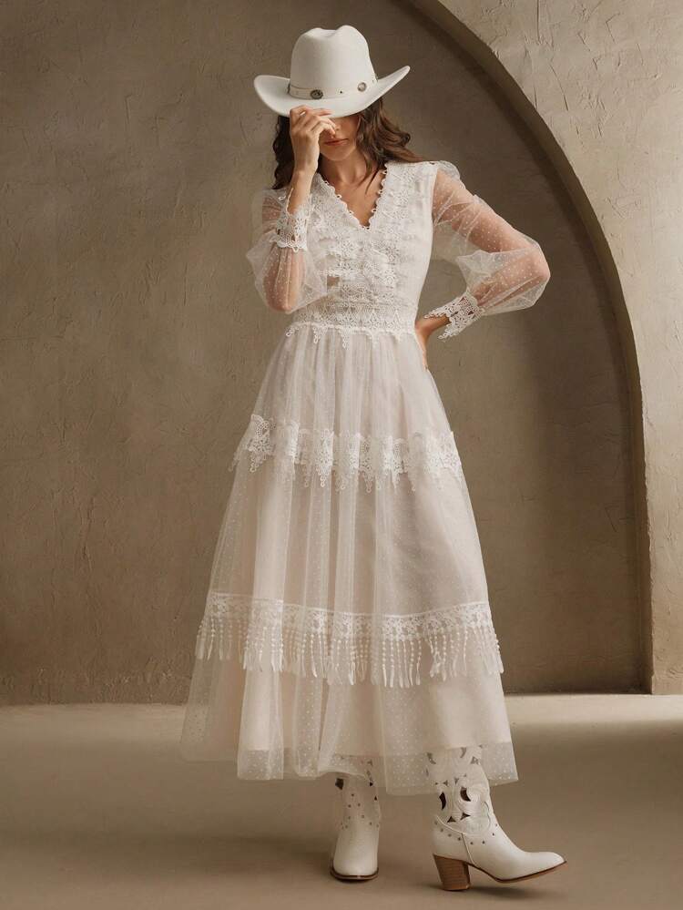 Women's Romantic Sheer French Fringe Lace Mesh V-Neck Long Dress, Suitable For Dates And Formal Occasions, Spring Outfits