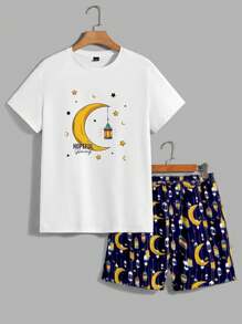 Manfinity VCAY Set 2 Potong Kaos dan Celana Pendek Rajut Putih Slim Fit Motif Bulan untuk Pria - MultiWarna - View 2