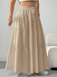 SHEIN EZwear Váy dài màu trơn thường ngày cỡ lớn - Màu Khaki - Xem 4