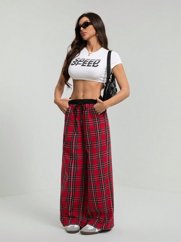 SHEIN Tall Women's Y2K Red And Black Plaid Wide Leg Pants, Street Fashion Style