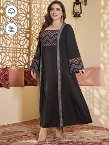 Al Najma Vestido elegante de talla grande con cuello cuadrado, cintura ceñida y borde acampanado con efecto de empalme - Multicolor - Ver 5