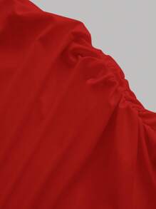 SHEIN Privé Women Solid Color Pleated Side Long Dress - Red - View 7