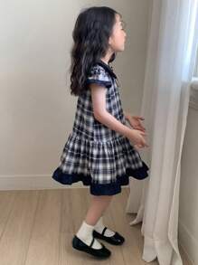 DAZY Young Girls' Plaid Bow Decor Ruffled Hem Cute Dress - Navy Blue - View 6