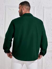Manfinity Homme Men Plus Size Solid Color Long Sleeve Single-Breasted Casual Shirt, Fall - Dark Green - View 2