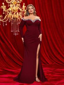 Glamrae Váy Maxi Tay Dài Sang Trọng Thanh Lịch Co Giãn Trễ Vai Đính Ngọc Trai Giả, Đầm Dự Tiệc Cưới, Thích Hợp Cho Đám Cưới, Tiệc Tùng, Ngày Lễ Và Những Dịp Trang Trọng, Đầm Dự Tiệc, Đầm Dạ Hội, Váy - Màu Đỏ Sâu - Xem 6