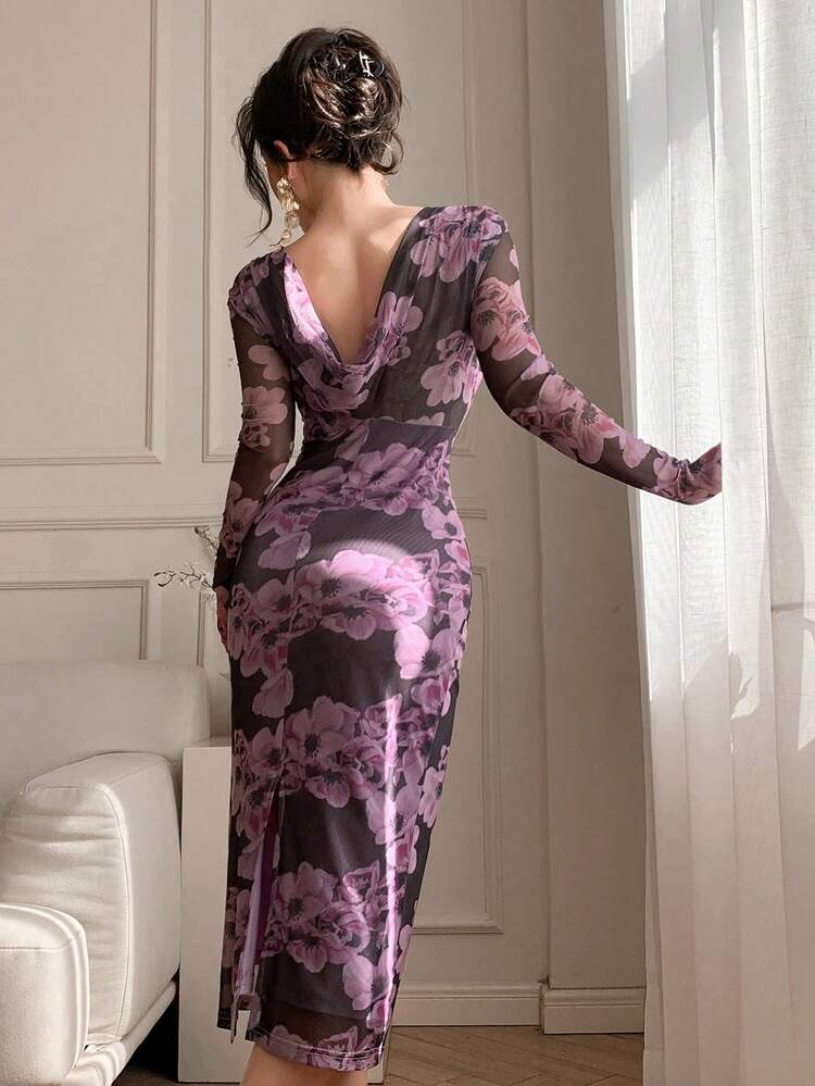 Ditsy Floral Mesh Backless Fitted Mid-Calf Dress For Women,Fall Dress Long Sleeve Dress