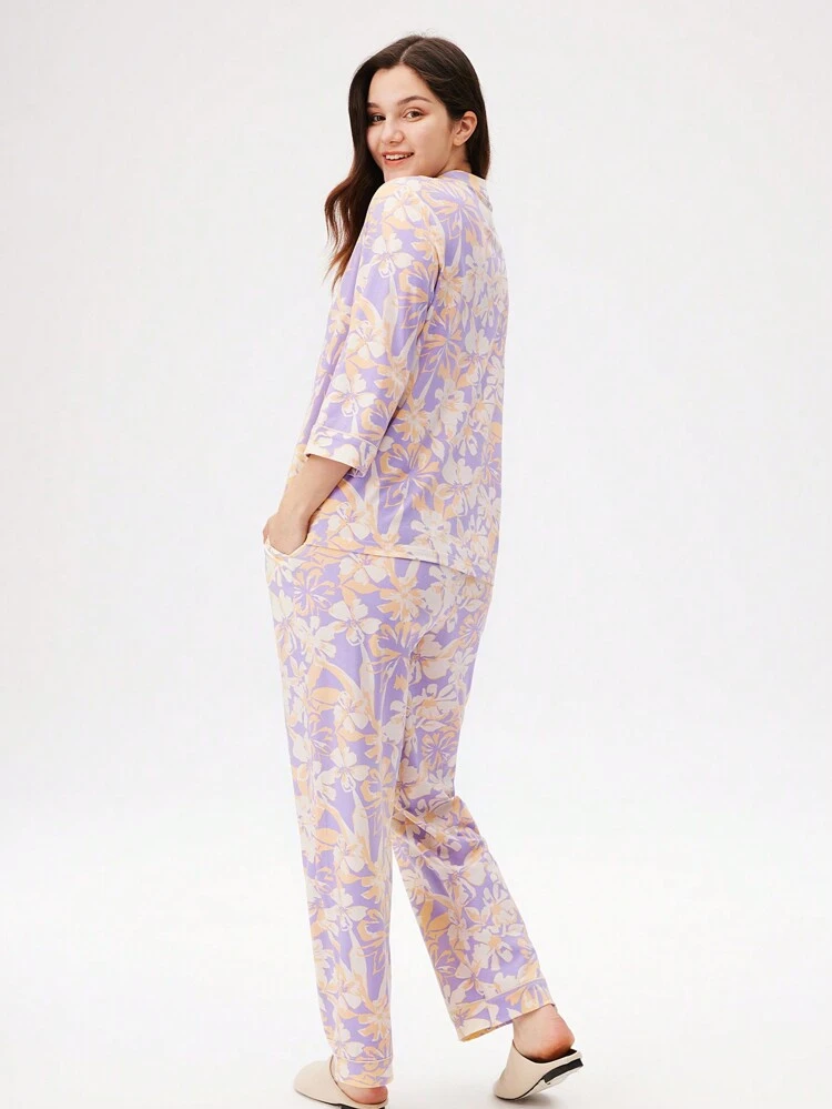 Conjunto de pijama de pantalón y blusa con botones de algodón suave con estampado floral para mujer. Pantalones con bolsillos, conjunto de ropa de estar en casa, lencería, ropa de otoño