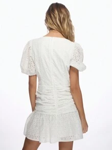 MISSGUIDED Broderie Anglaise Puff Sleeve Wrap Mini Dress Ruched Waist Summer Party Wedding Guest Eyelet Spring Fashion - White - View 2