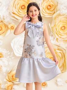 SHEIN Leap Crew Tween-Mädchen Elegantes ärmelloses Kleid mit Rundhalsausschnitt, Schleifendekor und Rüschensaum - Blau - Übersicht 4