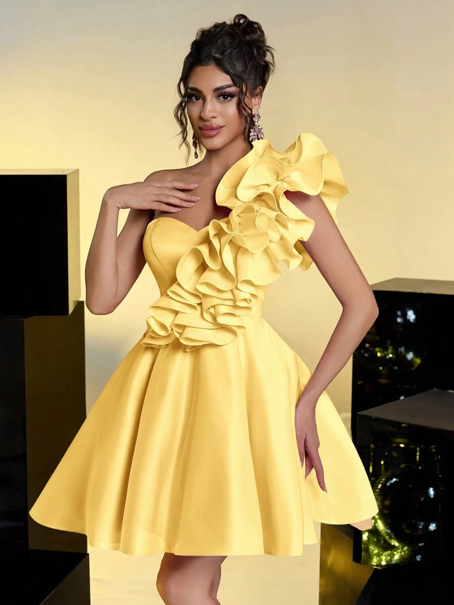 Lovelzi Elegant Romantic 3D Ruffled Decor Strapless Wide A-Line Fitted Bodice Party Gown, Party Dress, Wedding Guest Cocktail Dress