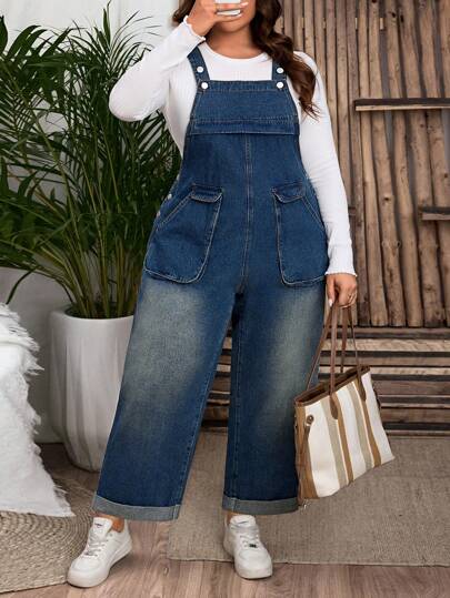 EMERY ROSE 大码女式宽松口袋设计阔腿休闲牛仔背带裤