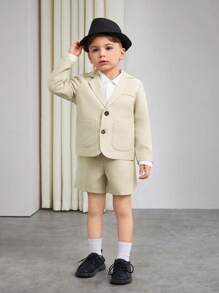 SHEIN 2pcs Young Boy British Gentleman Suit Set, Long Sleeve Blazer And Shorts, Fashion Outfit For Birthday Party, Banquet, Wedding, Baptism Anniversary - Khaki - View 6