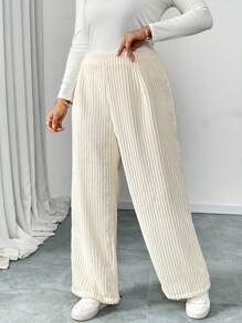 SHEIN Unity Plus Size Women Solid Color Elastic Waist Loose Casual Wide Leg Pants Fall Cloth For Women - Beige - View 1