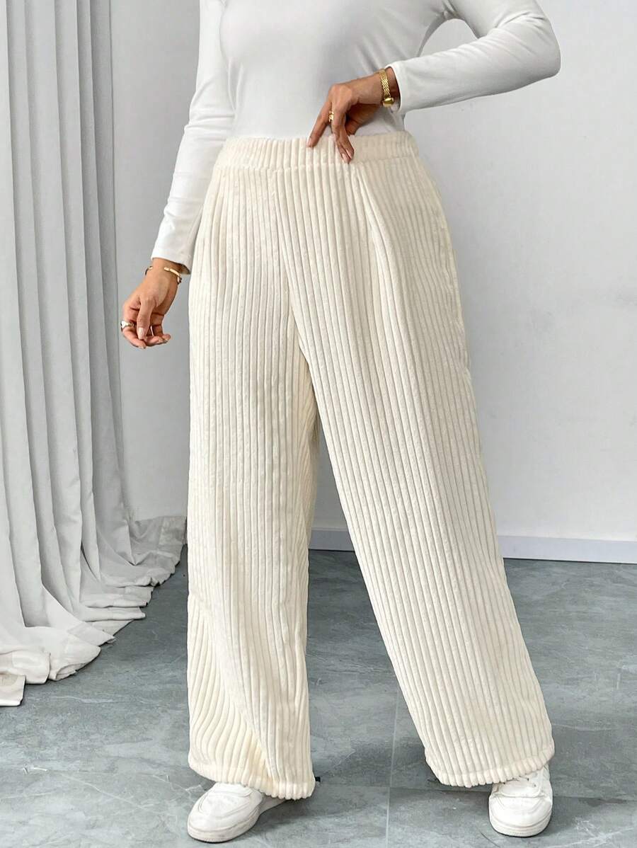 SHEIN Unity Plus Size Women Solid Color Elastic Waist Loose Casual Wide Leg Pants Fall Cloth For Women - Beige - View 1