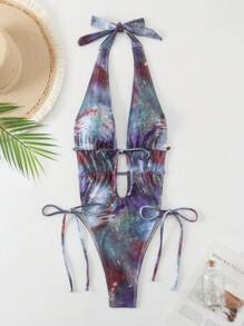 Swim SXY Random Print Deep V-Neck Halter Tie Side High Cut Sexy One-Piece Swimsuit For Summer Beach Vacation - Multicolor - View 5