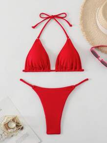 Swim Basics Women's Summer Vacation Beach Solid Color Bikini Set - Red - View 2