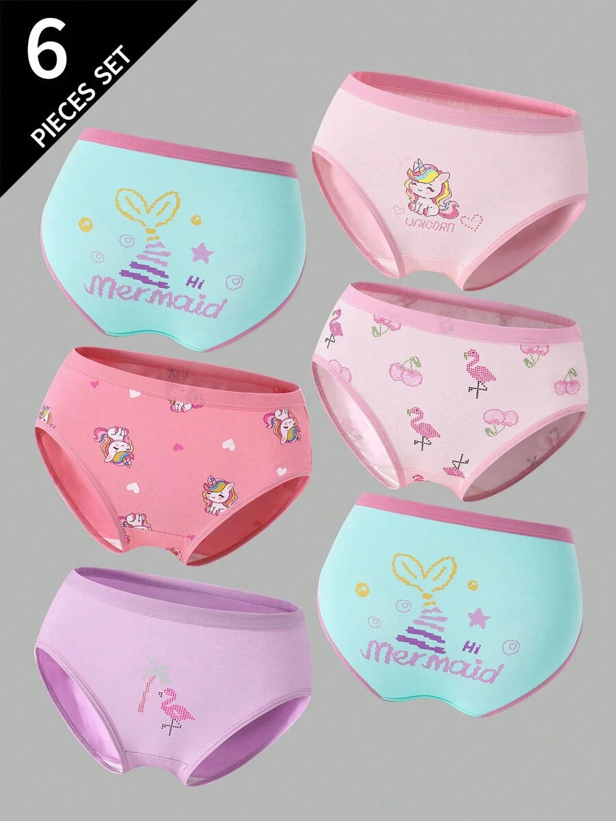Young Girl 6 Pairs Retro-Style Cute Pixel Unicorn, Mermaid, Flamingo Print Panties Back To School Fashion