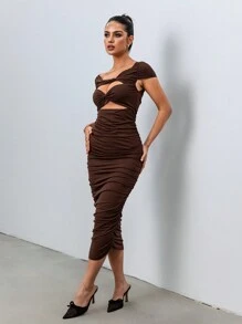 Chiquease Women's Hollow Out Ruched Twist Design Bodycon Elegant Maxi Dress - Brown - View 6