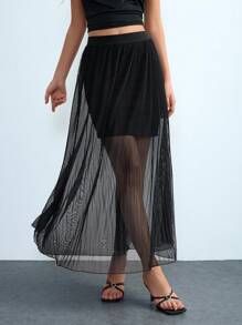 Lumivelle Mesh Patchwork Solid-Color Bodycon Maxi A-Line Pleated See-Through Open Slit Elegant Formal Party Date Night Sexy Commuter Pure Chiffon Women Long Skirt Y23K