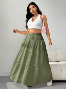 CovetEZ Váy dài màu trơn thường ngày cỡ lớn - màu xanh lá - Xem 5
