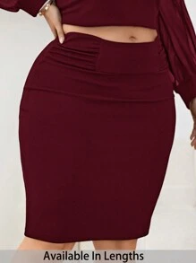 SHEIN Tall CURVE Plus Size Women's Solid Color Ruffle Bodycon Skirt - Burgundy - View 1