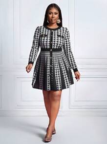 Slaydiva Elegant Fashion Plus Size Women Houndstooth Print Long Sleeve Ruffle A-Line Bodycon Dress,Graduation Dress