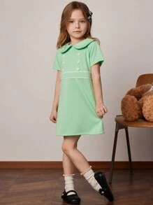 PrepCrw Young Girls' Spring/Summer Green Roman Cloth Lapel Double-Breasted Dress - Green - View 4